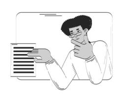 Business casual latino man in glasses analyzing document in frame doodle linear character. Hispanic employee editor proof reading 2D outline person isolated. Hand drawn drawing illustration vector