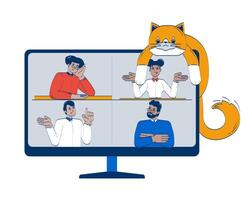 Virtual meeting with playful cat lounging atop computer monitor 2D doodle object. Online conference diverse employees cartoon element flat clipart isolated on white. Hand drawn illustration vector