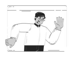 Smiling business casual arab man waving in web window doodle linear character. Middle eastern glasses employee teleworker 2D outline person isolated. Hand drawn drawing illustration monochrome vector