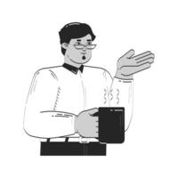 Professional arab man gesturing while holding hot coffee mug doodle linear character. Conversational pose. Professor coffeebreak 2D outline person isolated. Hand drawn drawing illustration vector