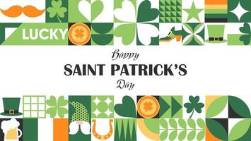 Happy St. Patrick's Day geometric abstract background with a leprechaun hat, clover, gold coins, beer and simple forms. Trendy horizontal illustration for banner, poster, cover, social media. vector