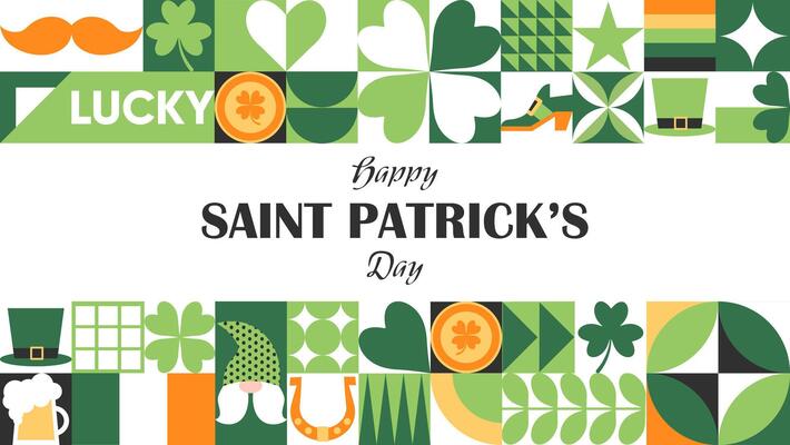 Happy St. Patrick's Day geometric abstract background with a leprechaun hat, clover, gold coins, beer and simple forms. Trendy horizontal illustration for banner, poster, cover, social media.