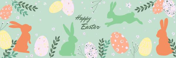 Holiday Easter background with bunnies, eggs, flowers and greenery. Trendy flat illustration in pastel colors. Unique design for horizontal poster, greeting card, header for website, home decor vector
