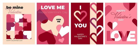 The set of Valentines day geometric abstract posters, greeting card, banners, sale promotion templates. modern backgrounds with hearts and simple forms for prints, wrapping, social media. vector