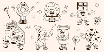 A collection of groovy cheerful desserts characters. Retro cartoon stickers or mascots for cafe. illustration with a donut, cake, chocolate, coffee, croissant and cookie in monochrome palette. vector