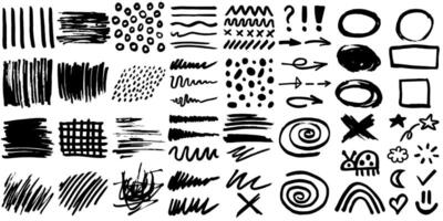 Grunge crayon or marker doodle scribbles. Bold charcoal freehand stripes, crazy hatches and paint shapes, ovals, rectangles, stars and crosses. Each element is united and isolated. vector