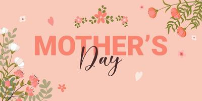 Happy Mothers day banner with beautiful hand drawn flowers, greenery in pastel colors and trendy typography on a pink background. Romantic design for header of website, poster, social media. vector