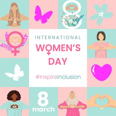 InspireInclusion 2024 campaign. International Womens Day geometric pattern for greeting card, poster, flyer, wrapping with women hand gesture as heart shape, flowers, butterflies and text.