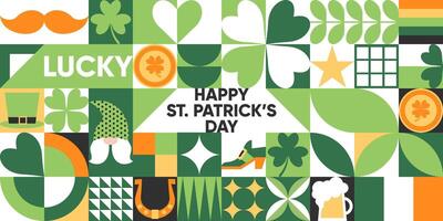 Happy St. Patrick's Day geometric seamless pattern in green, orange colors. Mosaic background with a leprechaun hat, clover leaves, gold coins, beer and simple forms.Neo geo art. Swiss style. vector
