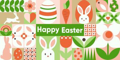 Geometric abstract seamless pattern for Happy Easter day poster, banner, wrapping, sale promotion template. Trendy illustration with bunny, Easter egg, flowers, simple forms, text. Neo geo art. vector