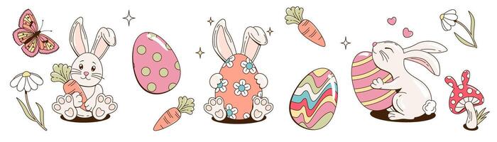 Collection of retro 60s, 70s groovy festive Happy Easter stickers. set of cute cartoon bunnies, Easter eggs, butterflies, flowers, carrots and mushroom Isolated on a transparent background. vector