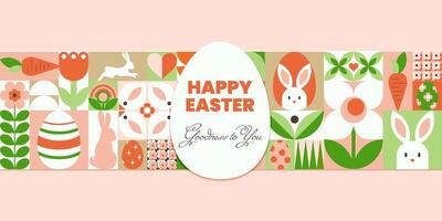 Happy Easter day geometric abstract background with bunny, Easter egg, flowers, simple forms and text. Trendy horizontal illustration for banner, poster, cover,header of website. Neo geo art vector