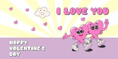 Retro groovy Happy Valentine's day banner template with hippie lovely hearts characters. funky cartoon romantic 60s, 70s background for header of website, poster, cover, print. vector