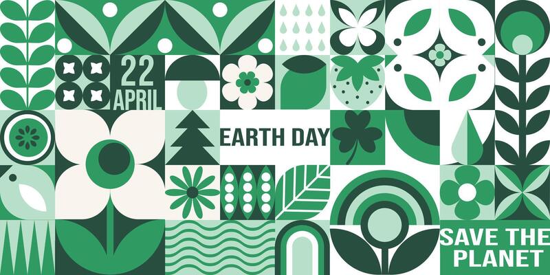 Happy Earth Day geometric seamless pattern in green palette. April 22. Holiday concept. Mosaic background, banner, poster with plants, flowers, birds and simple forms. Neo geo art. Swiss style
