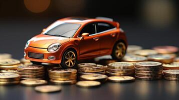 A small car sits on top of coins photo