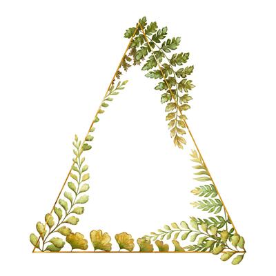 Triangle frame with fern leaves botanical card template in earth tone. Hand drawn watercolor floral element with thin gold. Perfect for the use of ecological material and modern designs.