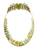 Oval frame with fern leaves botanical card template in earth tone. Hand drawn watercolor floral element with thin gold. Perfect for the use of ecological material and modern designs. vector
