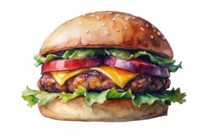 Delicious hamburger with tomato, cheese, patty and lettuce. Watercolor png