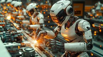 A group of robot workers assembles equipment in a factory photo