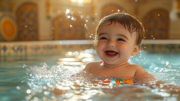 The baby is laughing in the pool photo