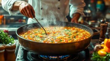 The cook is stirring soup in a large pot photo
