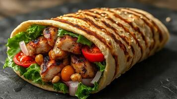 Shawarma with fried chicken, fresh tomatoes, lettuce and onions photo