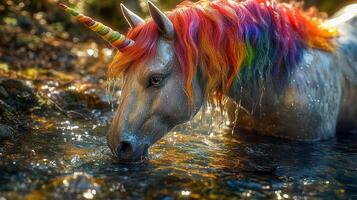 A close-up of a rainbow unicorn drinking from a crystal clear stream photo