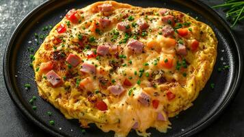 Classic American omelet with ham, bell peppers and processed cheese photo