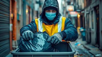 A janitor unloads a trash can into a large open trash container photo