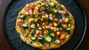 Vegetable omelet with diced zucchini, sweet corn and onions photo