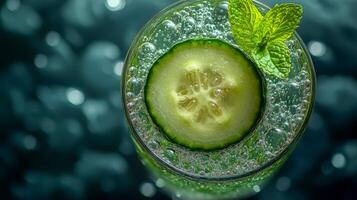 Close-up from top to bottom of a cucumber half-submerged in carbonated water in a glass photo