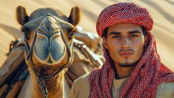 Close-up of an Arab man in a ghutra with a camel in the desert photo