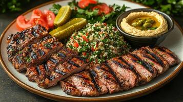Close up of a plate of freshly cooked shawarma with slices of grilled meat, tabbouleh, pickles and a small bowl of hummus photo