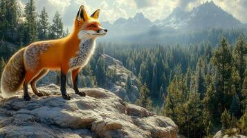 A fox stands on a rocky outcrop overlooking a dense forest photo