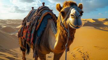 Close-up of a full-length camel standing in the desert photo