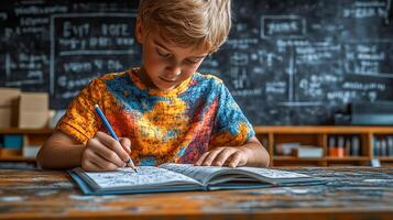 A boy sits at his desk in class and writes in his notebook photo