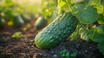 Close-up of a cucumber growing on a vine in a lush garden photo