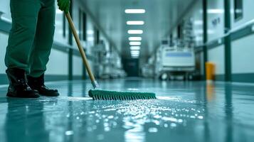 An indoor janitor mops the floor with a mop photo