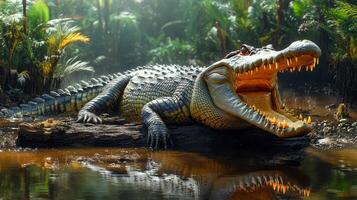 A crocodile with its mouth wide open sitting on a log in a swamp photo