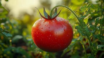 There's a tomato hanging on a branch in the vegetable garden photo
