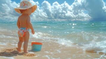 A baby stands on the edge of a shallow beach photo
