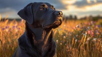 A Labrador Retriever sits in a field of tall grass photo