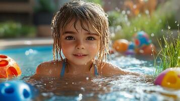 A child plays in a kiddie pool in the backyard photo