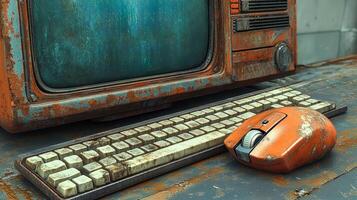 A close-up of a retro computer, keyboard and mouse photo