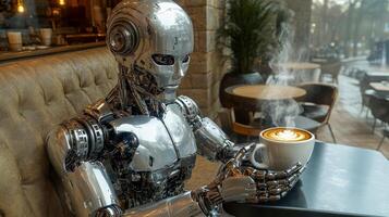 A humanoid robot sits at a cafe table and holds a cup of steaming coffee in his hand photo