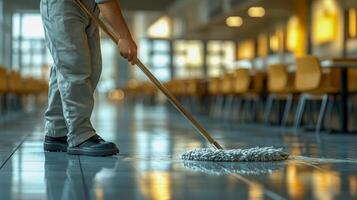 A janitor in the cafeteria running a mop across the floor photo