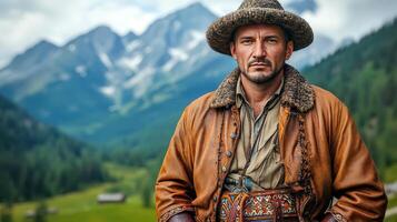 A Pole in traditional Highlander attire, wearing a handmade woolen hat and jacket photo