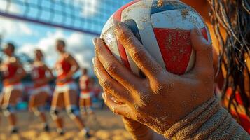 Close-up of a volleyball player's hands with the ball photo