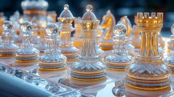 Glass chess set with transparent and frosted pieces photo