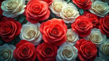 Bright background with densely packed red and white roses photo